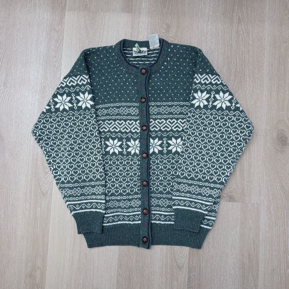 VTG Fair Isle Nordic Wool Blend Cardigan Sweater Green M Northern Reflections
